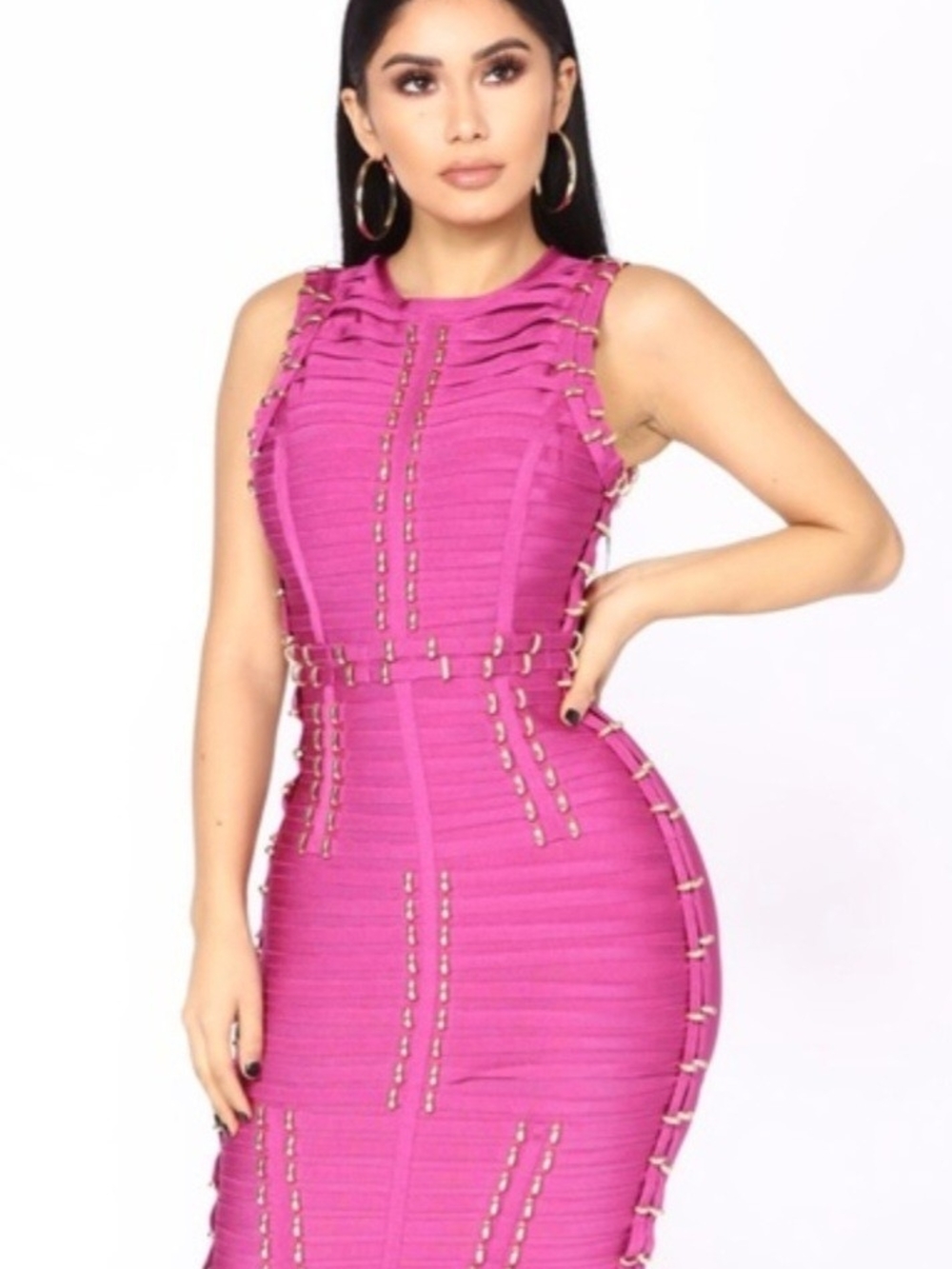Fitted Magenta Bandage Dress with Stud Detail